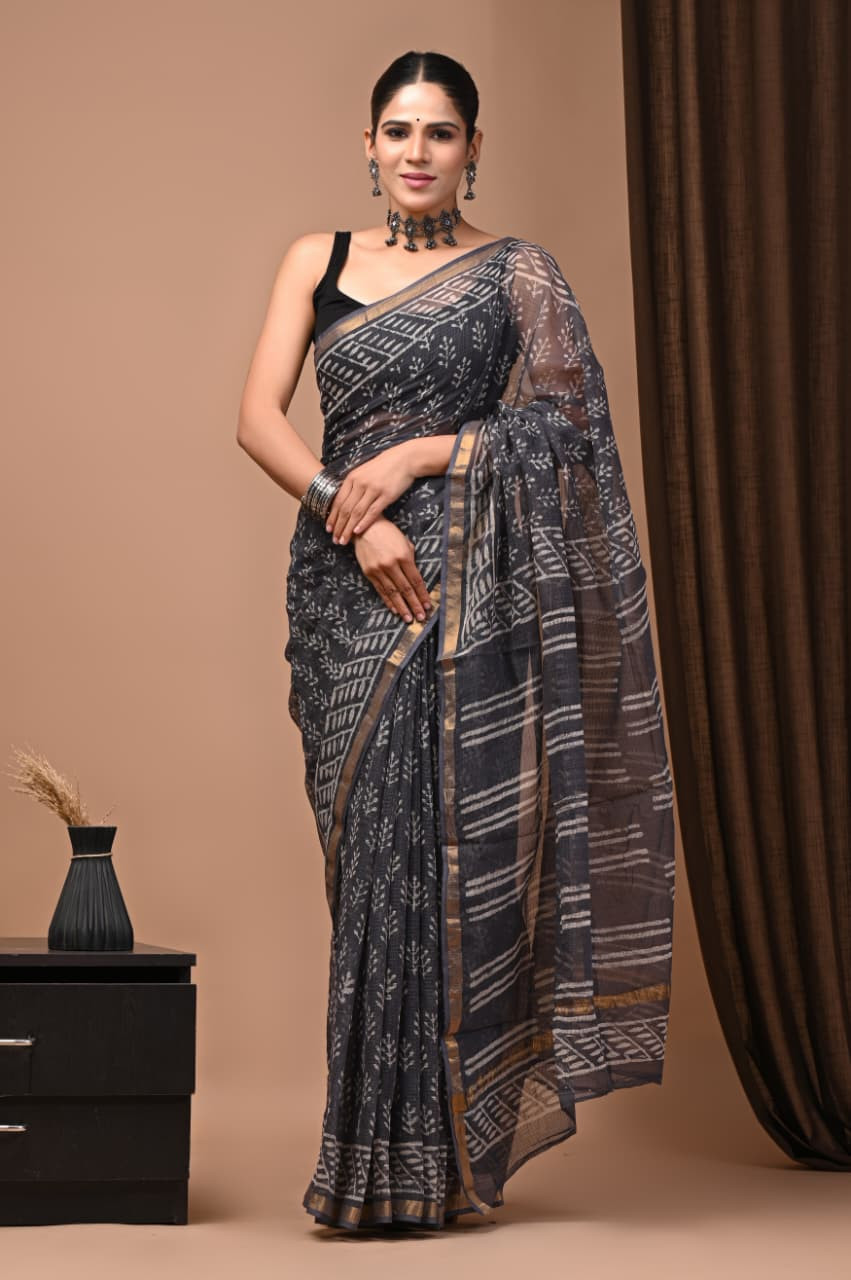 Black & White Hand Block Print Kota Doria Saree