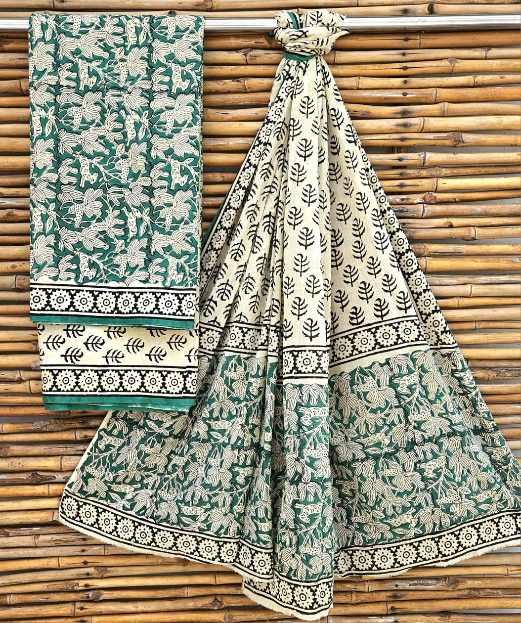 Jaipuri Hand-Block Print Cotton Suit Set in Forest Green & Cream