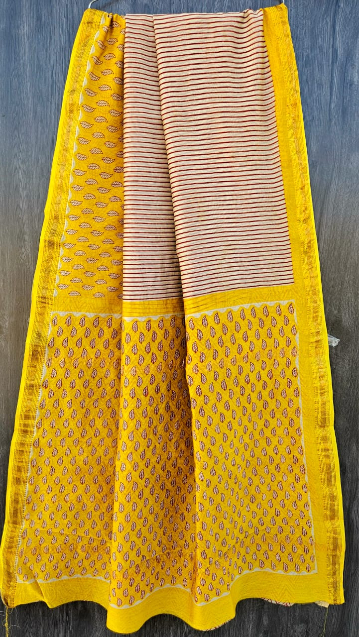 Sunshine Yellow & Ivory Cream Hand Block Printed Maheshwari Silk Saree with Blouse