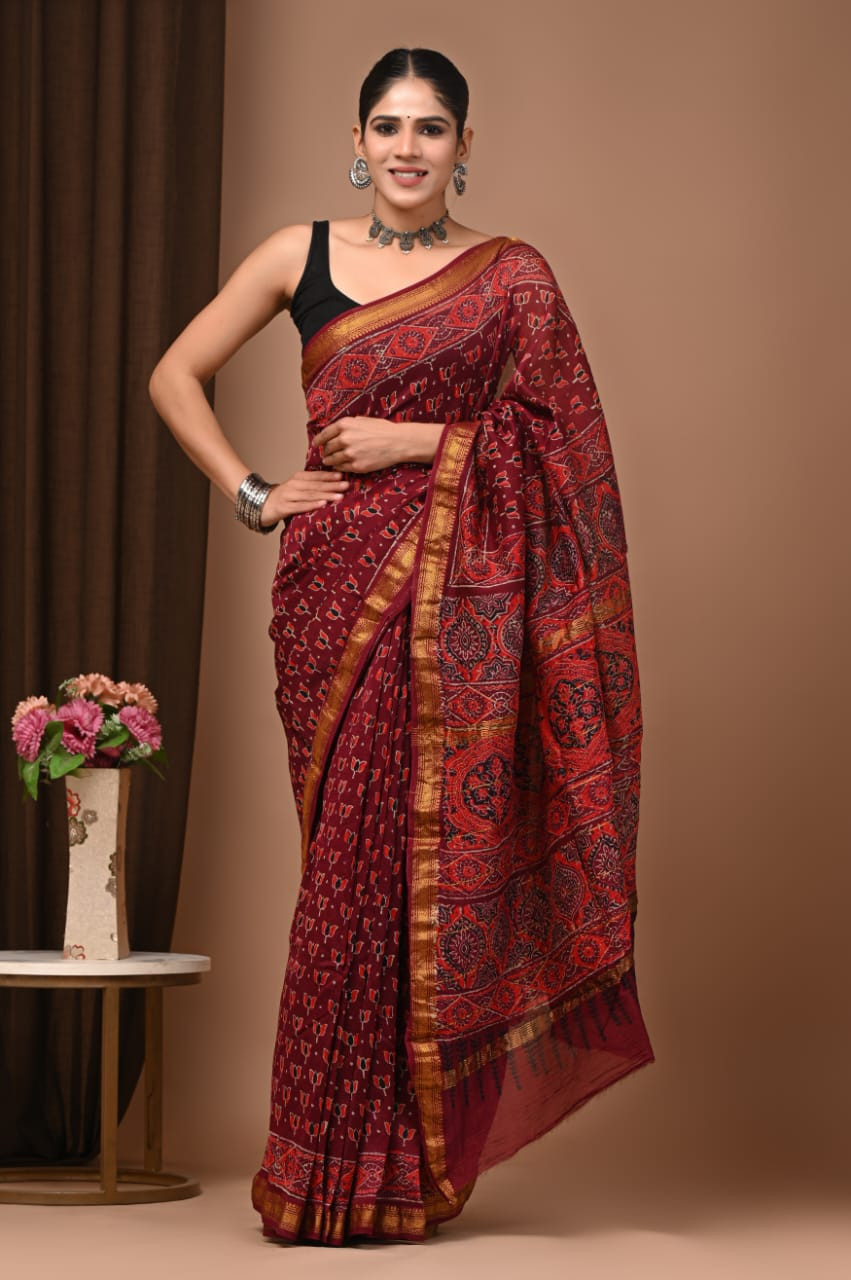 Maroon/Red Maheshwari Silk Saree with Gold Border and Hand Block Print.