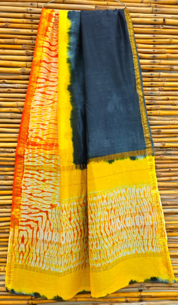 Yellow, orange, and grey Maheshwari silk cotton blend shibori print saree
