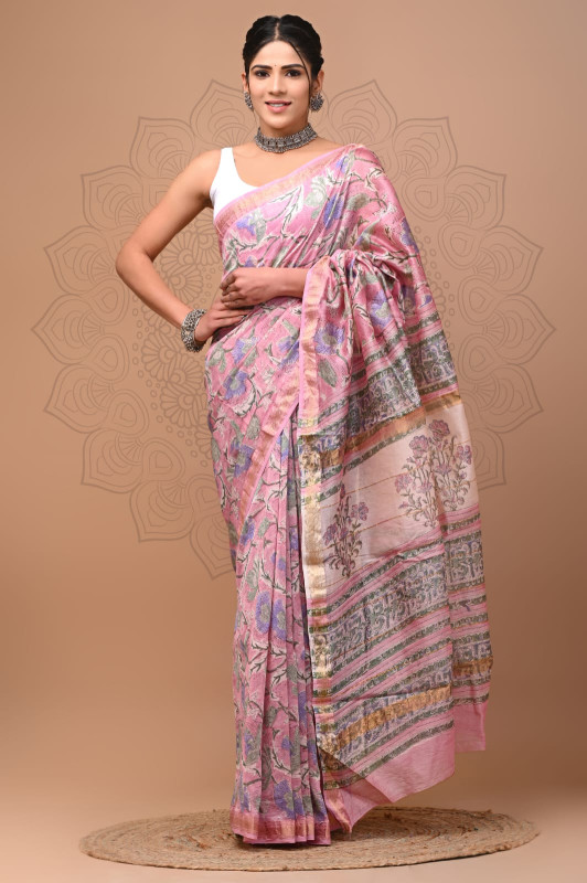 Pink Multi Floral Print Maheshwari Silk Saree with a Zari Border and Hand Block Print/Rapid Print.