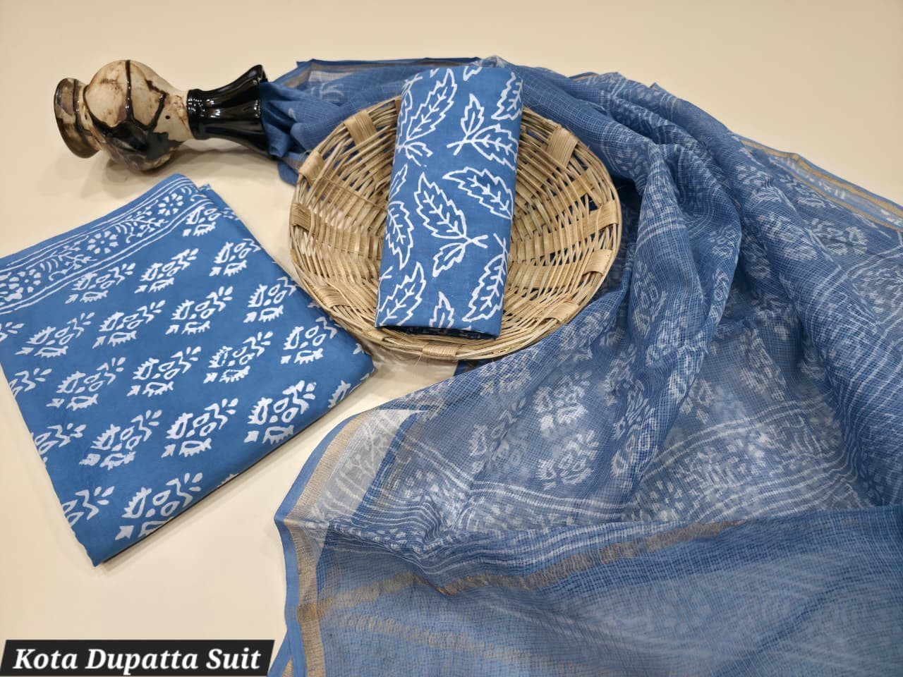Indigo Blue Dabu Print Cotton Top Bottom with Kota Doria Dupatta Unstitched Suit Set