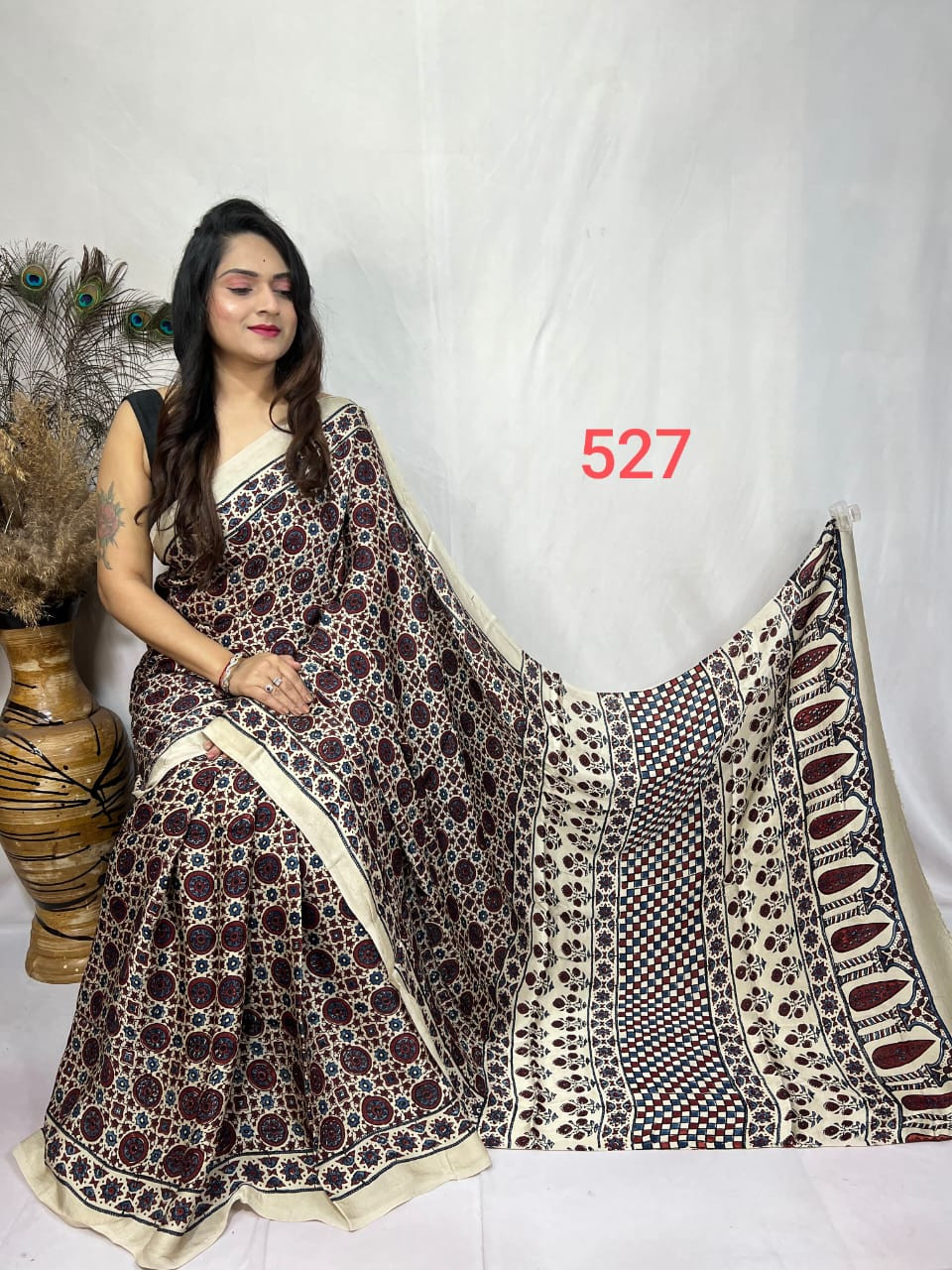 White, Red, and Blue Ajrakh Hand Block Printed Modal Silk Saree