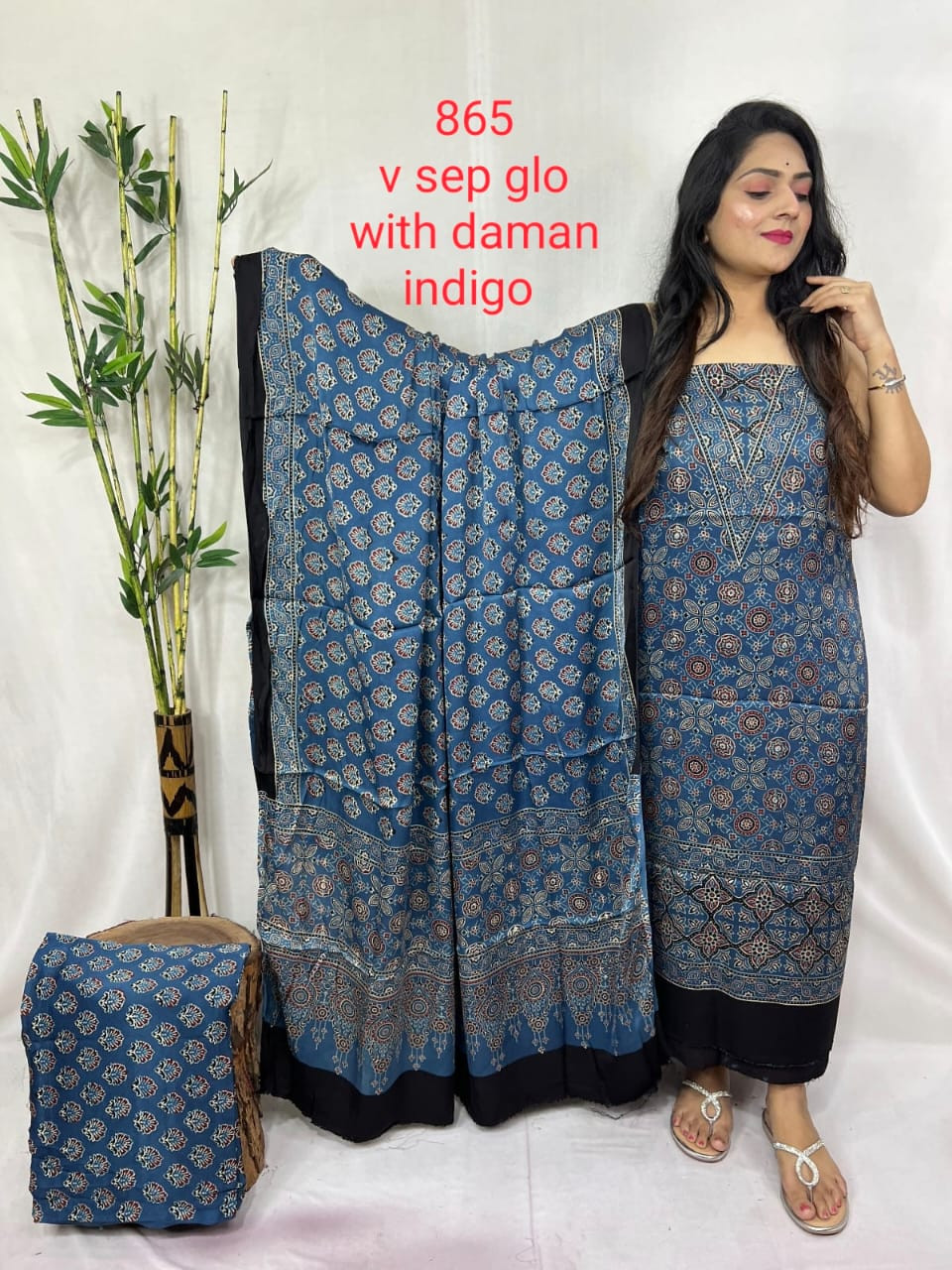 Indigo Ajrakh Hand Block Print  Saree Suit   Bottom 2-5 miter ,Top 2-5 Miter ,Duppta 2-5 Miter.