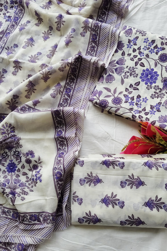 Lavender and White Floral Printed Cotton  Unstitched Suit Set for Women 2.5 Mtr Top, 2.5 Mtr Bottom, and 2.5 Mtr Dupatta