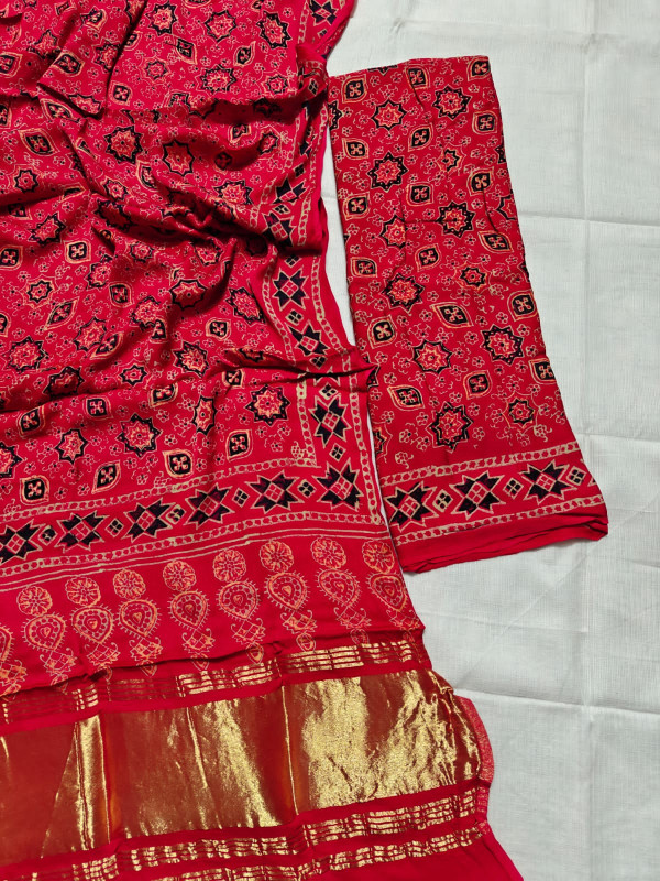 Red, Black, and Gold Ajrakh Hand Block Printed Maheshwari Silk Saree