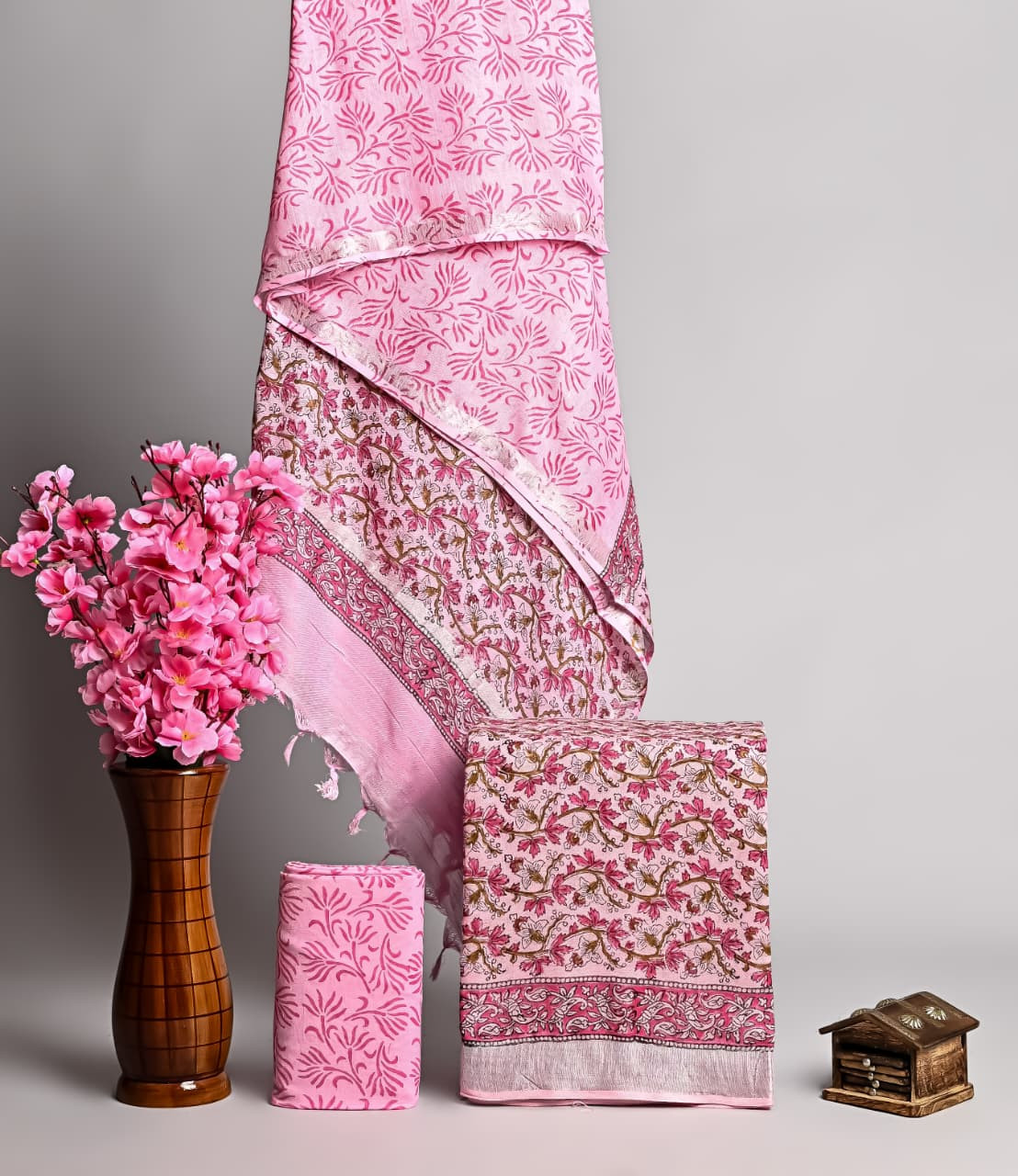 Luxurious Bagru Handblock Linen Cotton Pink Suit Material with Silver Border