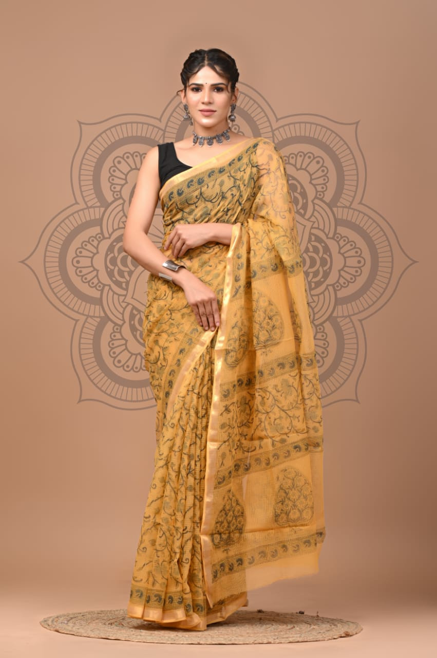 Yellow Hand Block Printed Chanderi Silk Saree