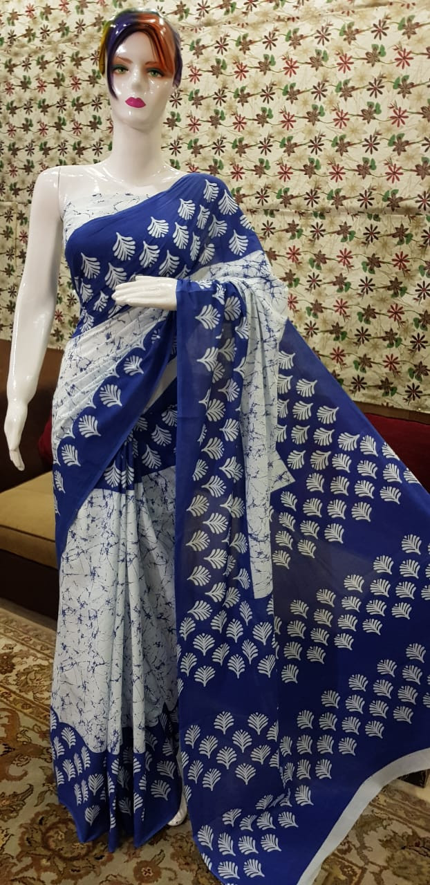 Royal Blue and White Batik Cotton Saree with Elegant Shell-Shaped Leaf Motifs.