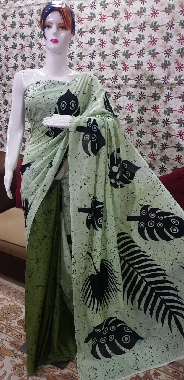 Sea Green and Olive Green Mulmul Cotton Saree with Batik Leaf Prints.
