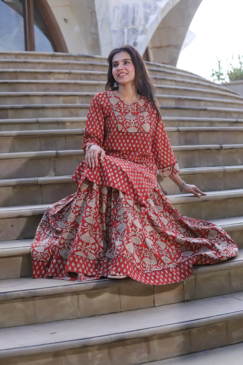 Women's Maroon & Beige Block Print Cotton Kurta Skirt Set