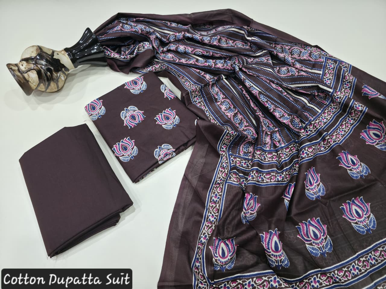coffee brown and maroon/pink Ajrakh hand block print cotton dupatta suit.
