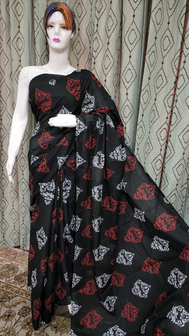 Black Cotton Saree with Elegant Red and White Botanical Block Prints.