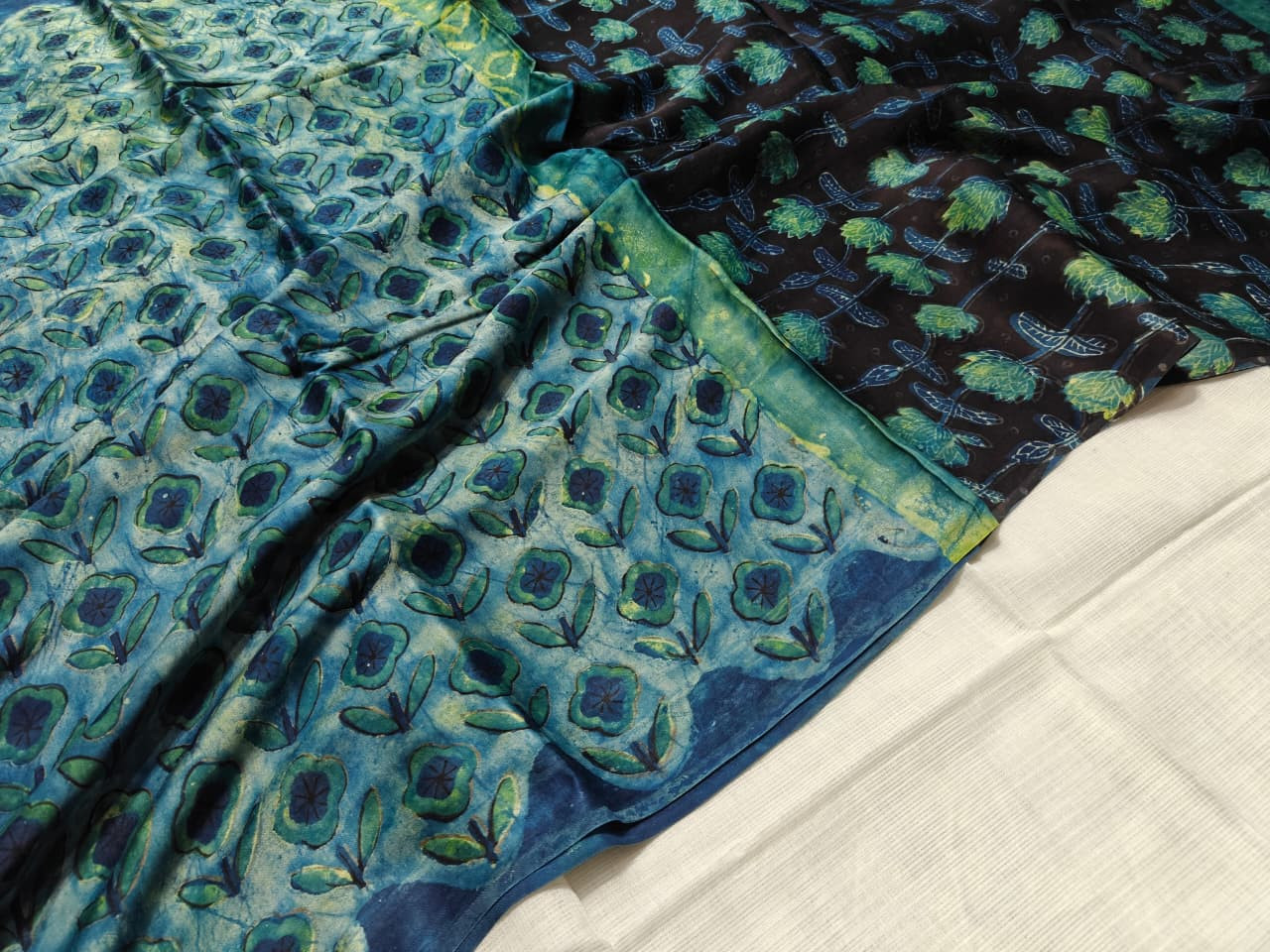 Blue and Green Ajrakh Hand Block Printed Modal Silk Saree  with printed blouse