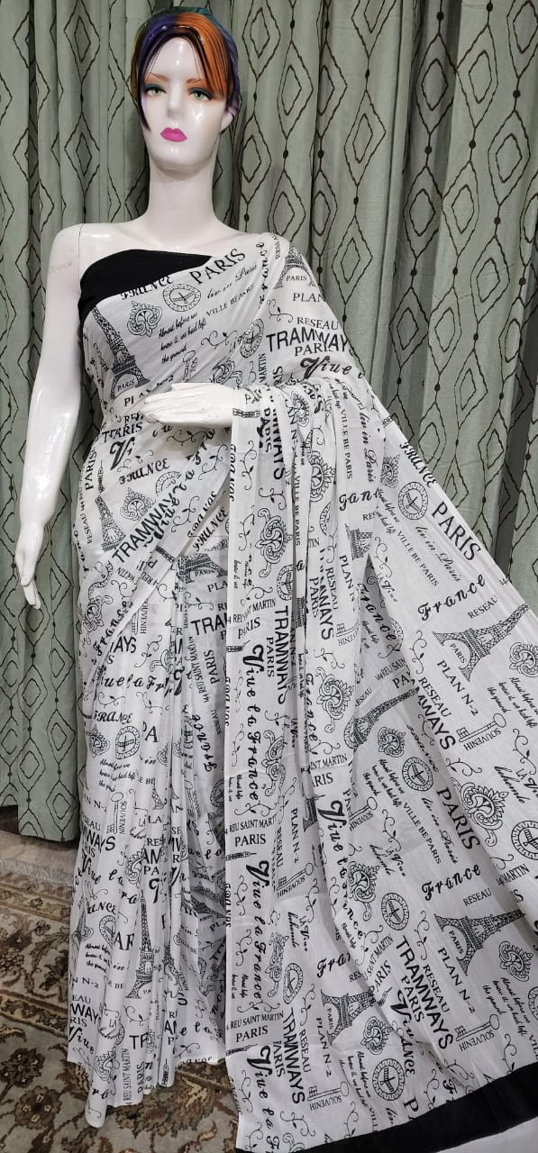White Cotton Saree with Vintage Paris Themed Typography and Eiffel Tower Illustration.