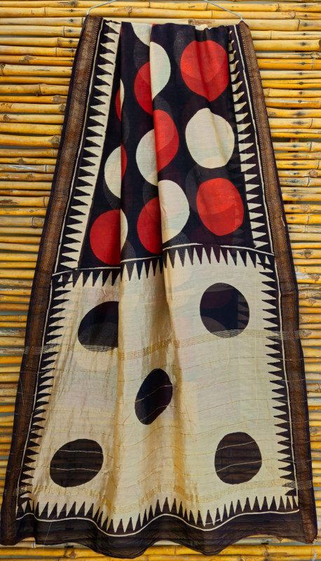 Ivory Cream, Black & Red Hand Block Printed Maheshwari Silk Saree with Blouse