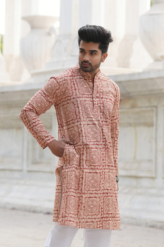 Onion Pink (or Rust Red / Coral) with a geometric or ethnic motif print.