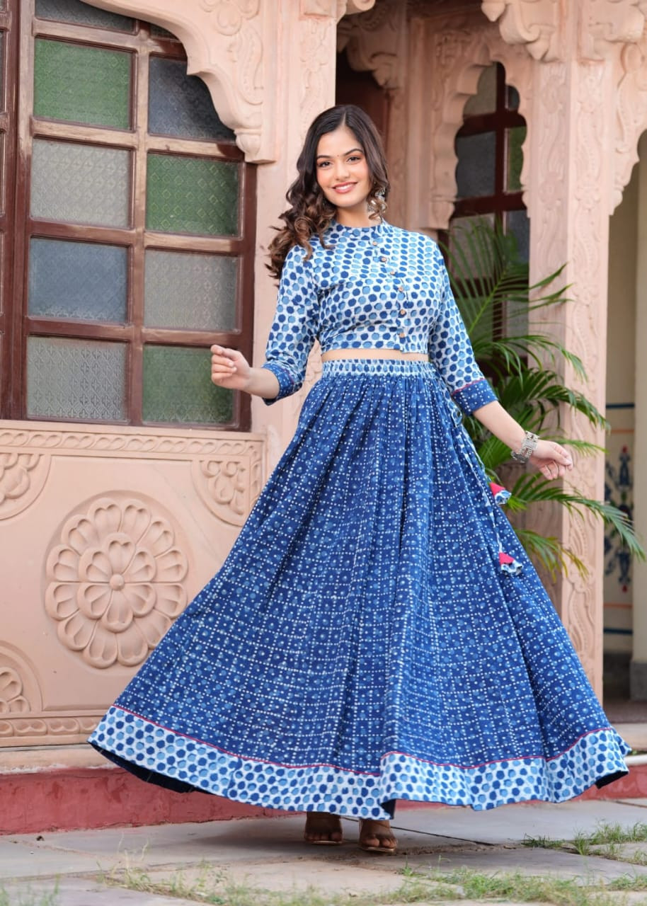 Indigo Blue and White Dabu Style Printed Cotton Lehenga Choli with Polka Dot Choli and Geometric Skirt.