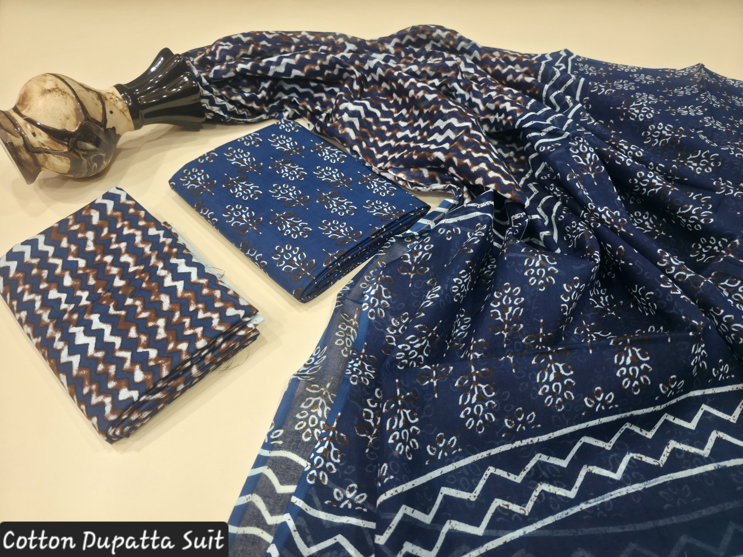 Indigo Blue/Navy Blue and Brown Ajrakh or Geometric Block Print cotton dupatta suit.