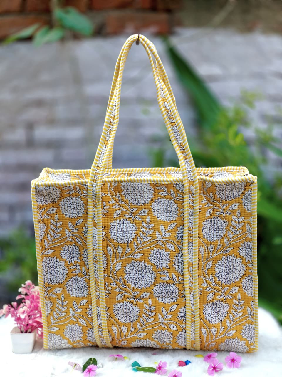 Mustard Blossom Floral Quilted Cotton Tote Bag