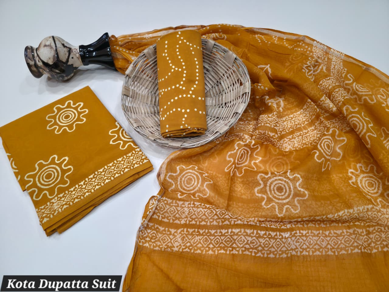 Amber Yellow Cotton Kota Doria Dupatta Suit (unstitched dress material, approx 2.5m each piece for top, bottom, and dupatta).