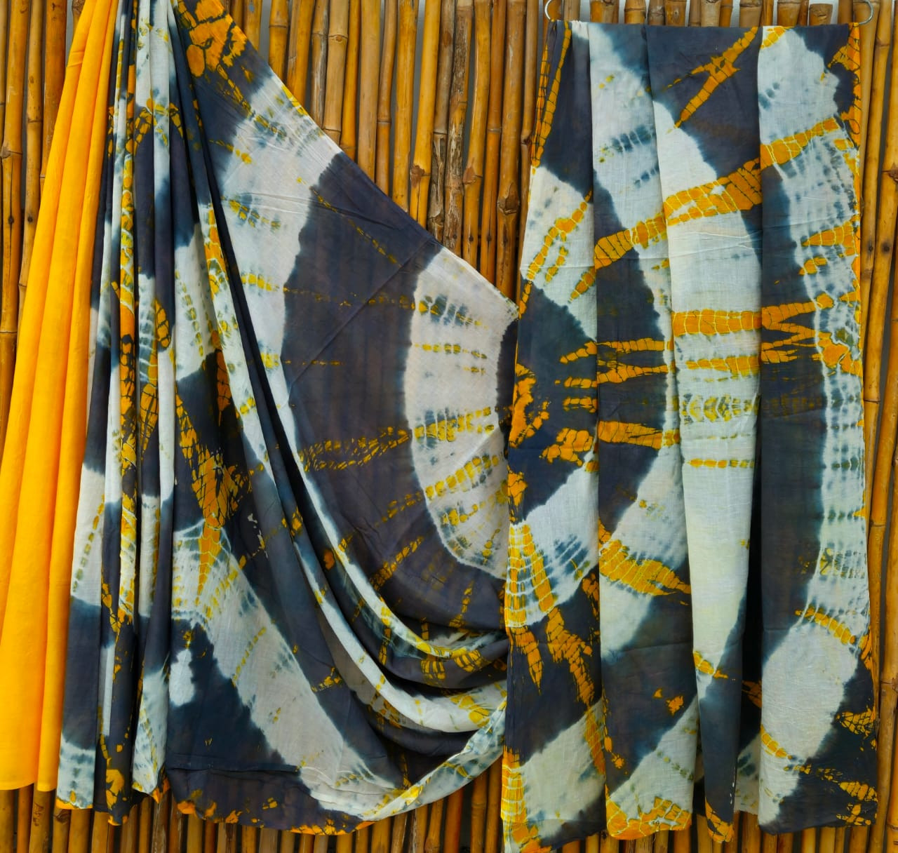 Grey, White & Mustard Yellow Shibori Hand-Dyed Mulmul Cotton Saree with Blouse (6.5 Meters, 92*80, 100% Pure Cotton Fabric)