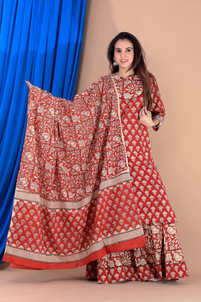 Red & Beige Hand Block Print Cotton Designer Long Kurta & Skirt with Dupatta
