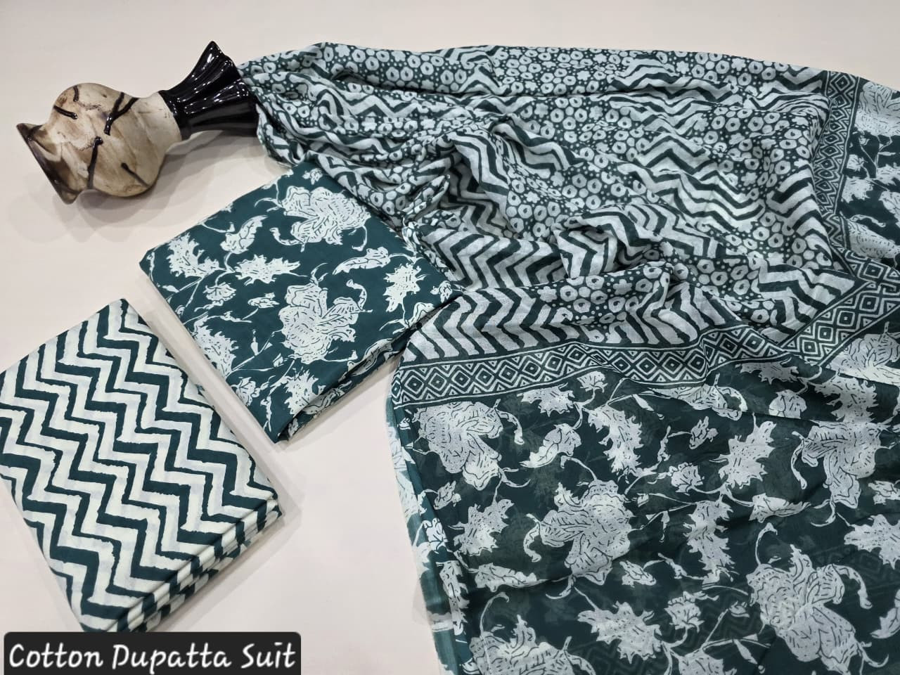Forest Green and White Hand Block Printed Cotton Dupatta Suit.