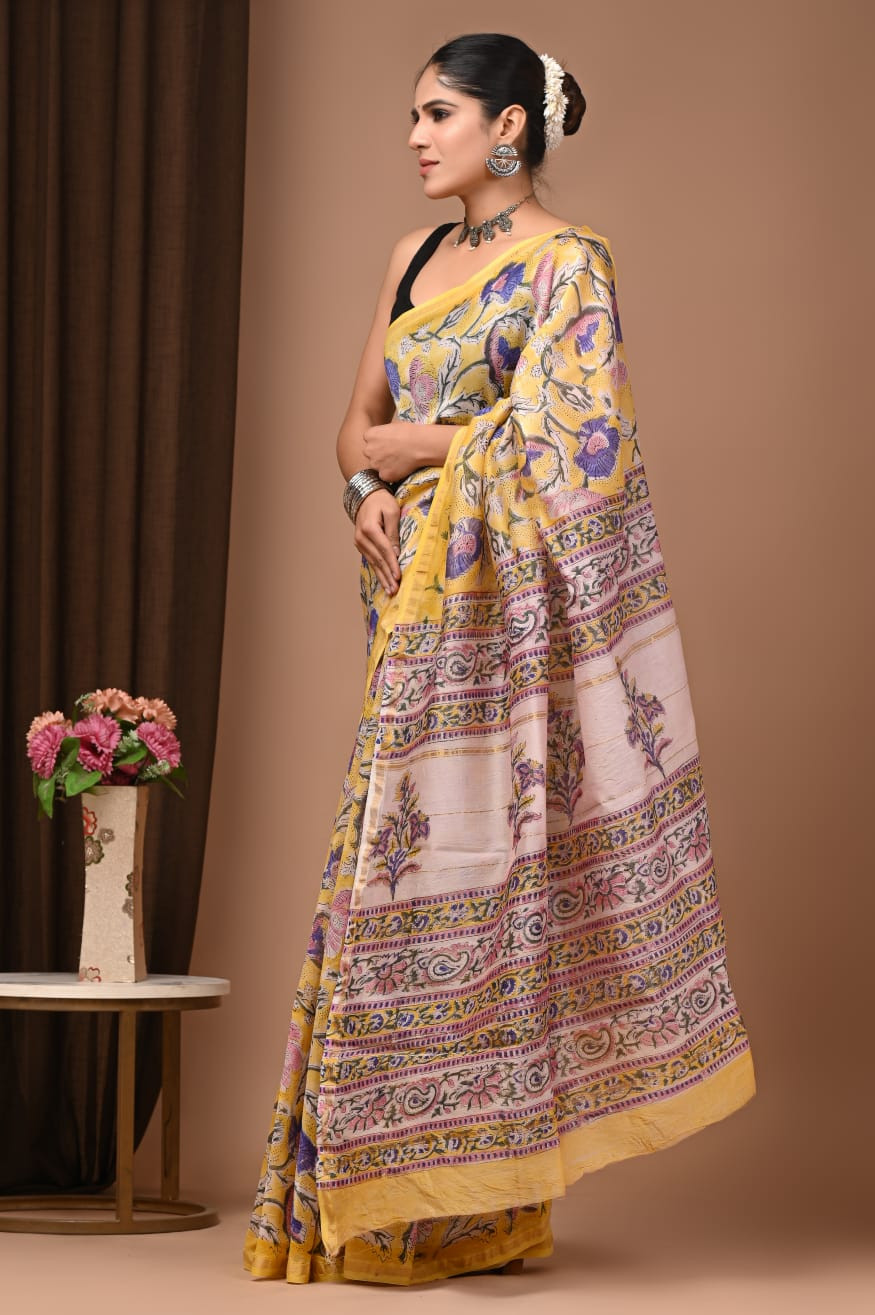 "Golden Sundrop" Hand Block Printed Maheshwari Silk Saree with Blouse