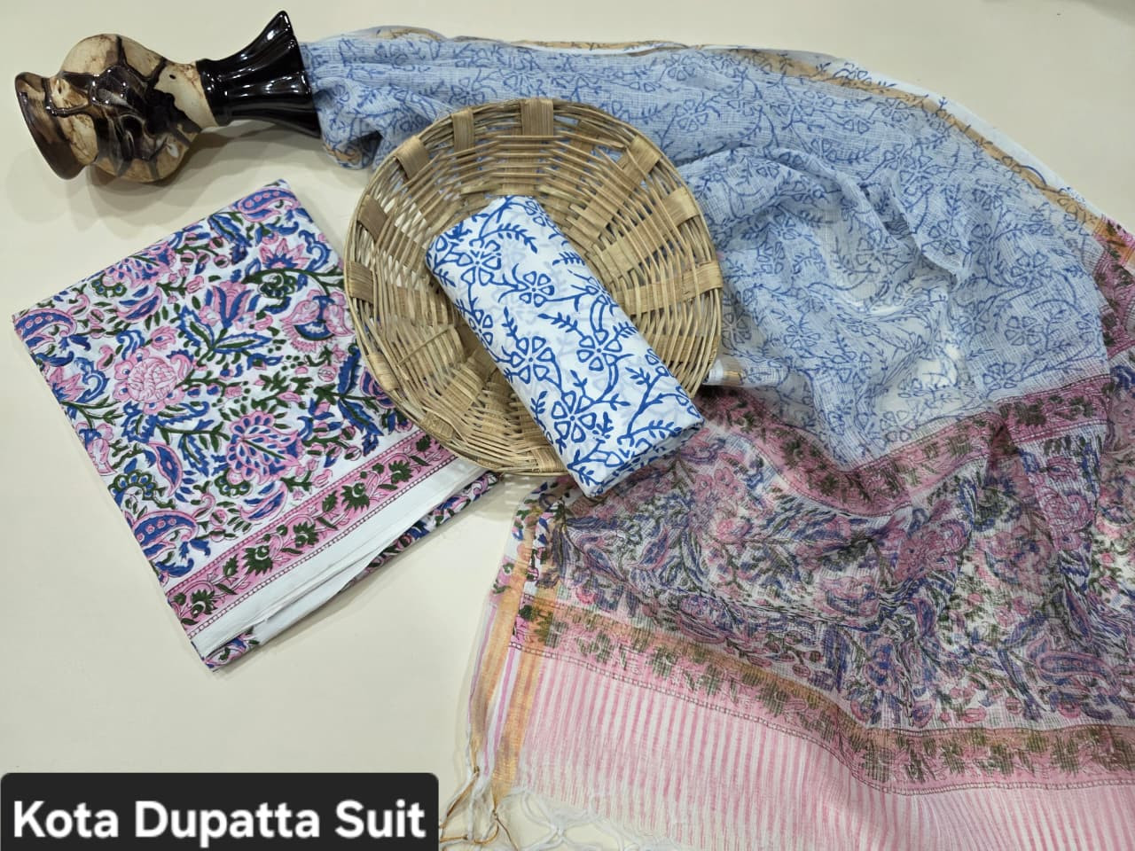 White & Blue-Pink Floral Hand Block Print Cotton Suit with a sheer Kota Doria Dupatta.