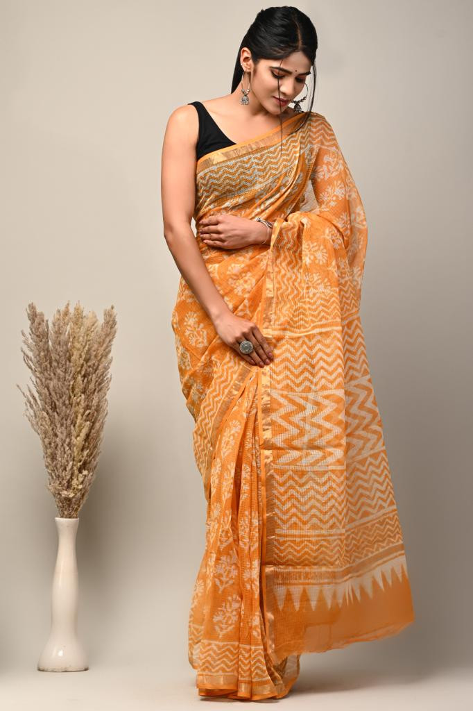 Orange & White Kota Doria Saree Handmade Dabu/Bagru Hand Block Printed