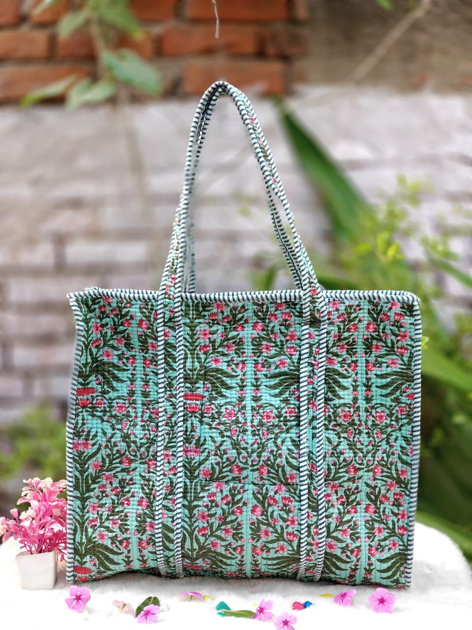 Aqua Sunflower Quilted Cotton Tote Bag