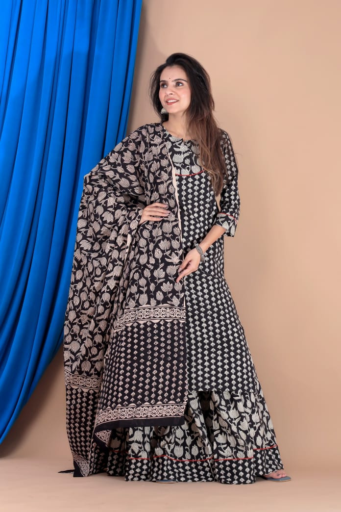 Black and Off-White Hand-Block Printed Cotton Anarkali Kurta Set with Dupatta