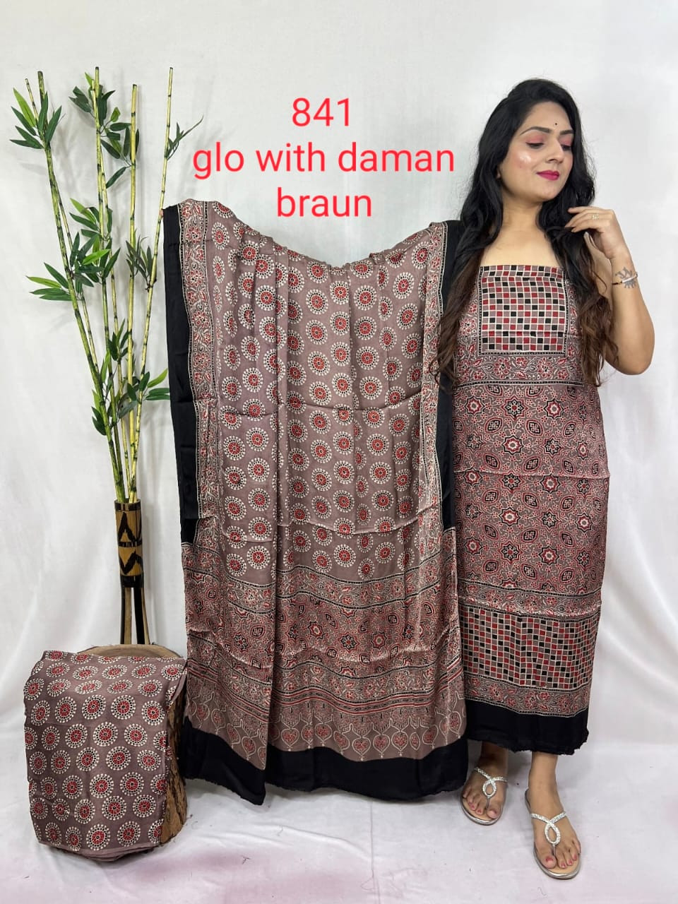 Brown Red Mandala & Checkered Printed Cotton  Saree Suit
