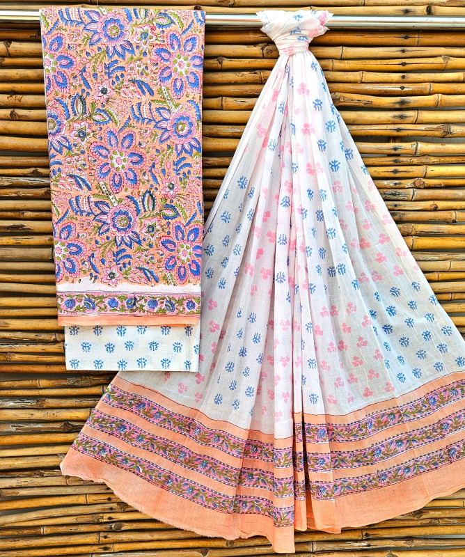 Jaipuri Hand-Block Print Cotton Suit Set in Peach & Blue