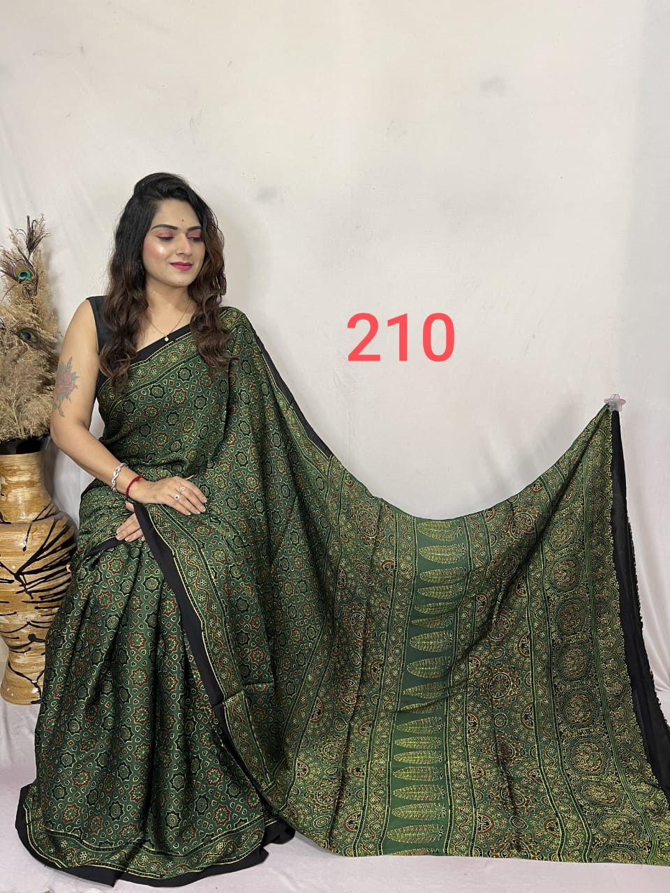 Green & Black Ajrakh Hand Block Print Modal Silk Saree.