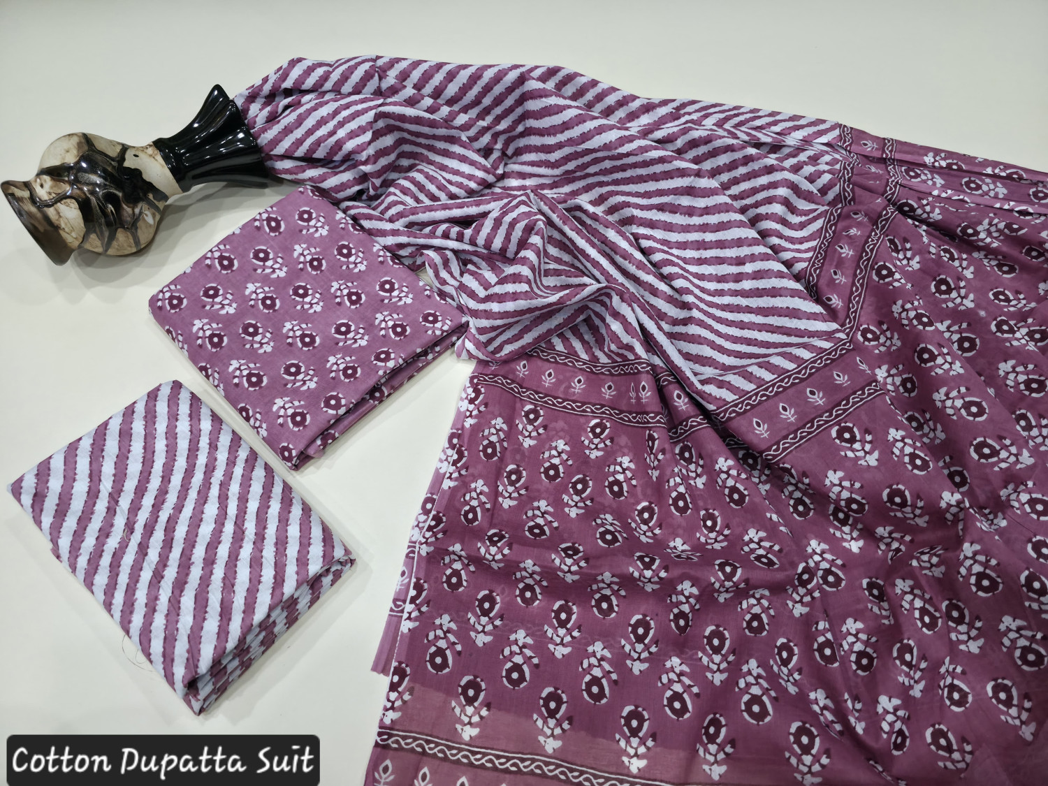purple and white hand block print cotton dupatta suit.