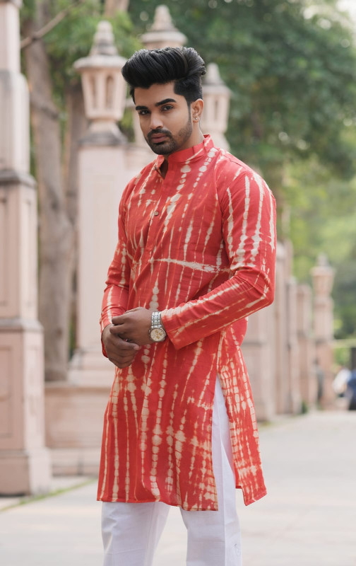 Red and White Tie-Dye Printed Cotton Men's Kurta