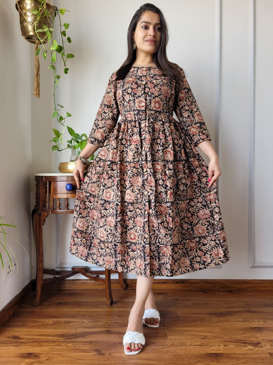 black and beige hand block printed cotton One Piece dress