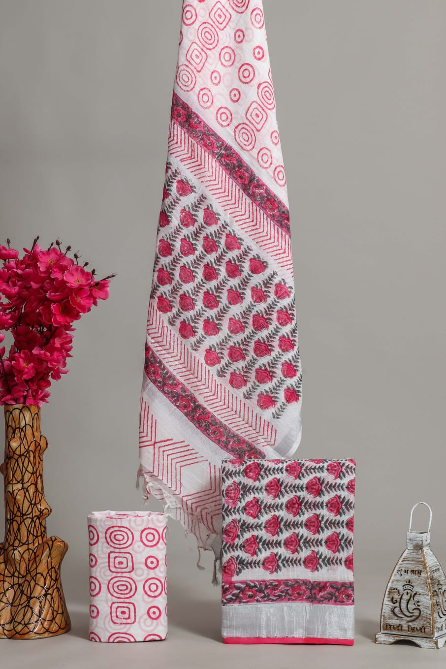 Pink and Gray Floral Motifs Bagru Hand Block Printed Cotton Unstitched Suit
