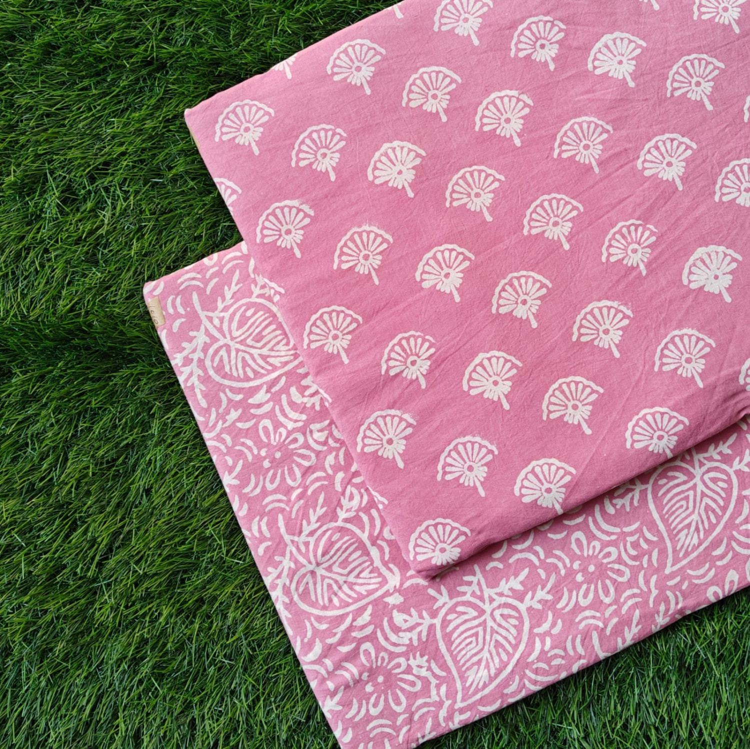 Pink 'Fan & Leafy Vine Motif' Hand-Block Bagru Dabu Print Cotton (60/60) Cambric Suit Set – Top 2.50 MTR + Bottom 2.50 MTR