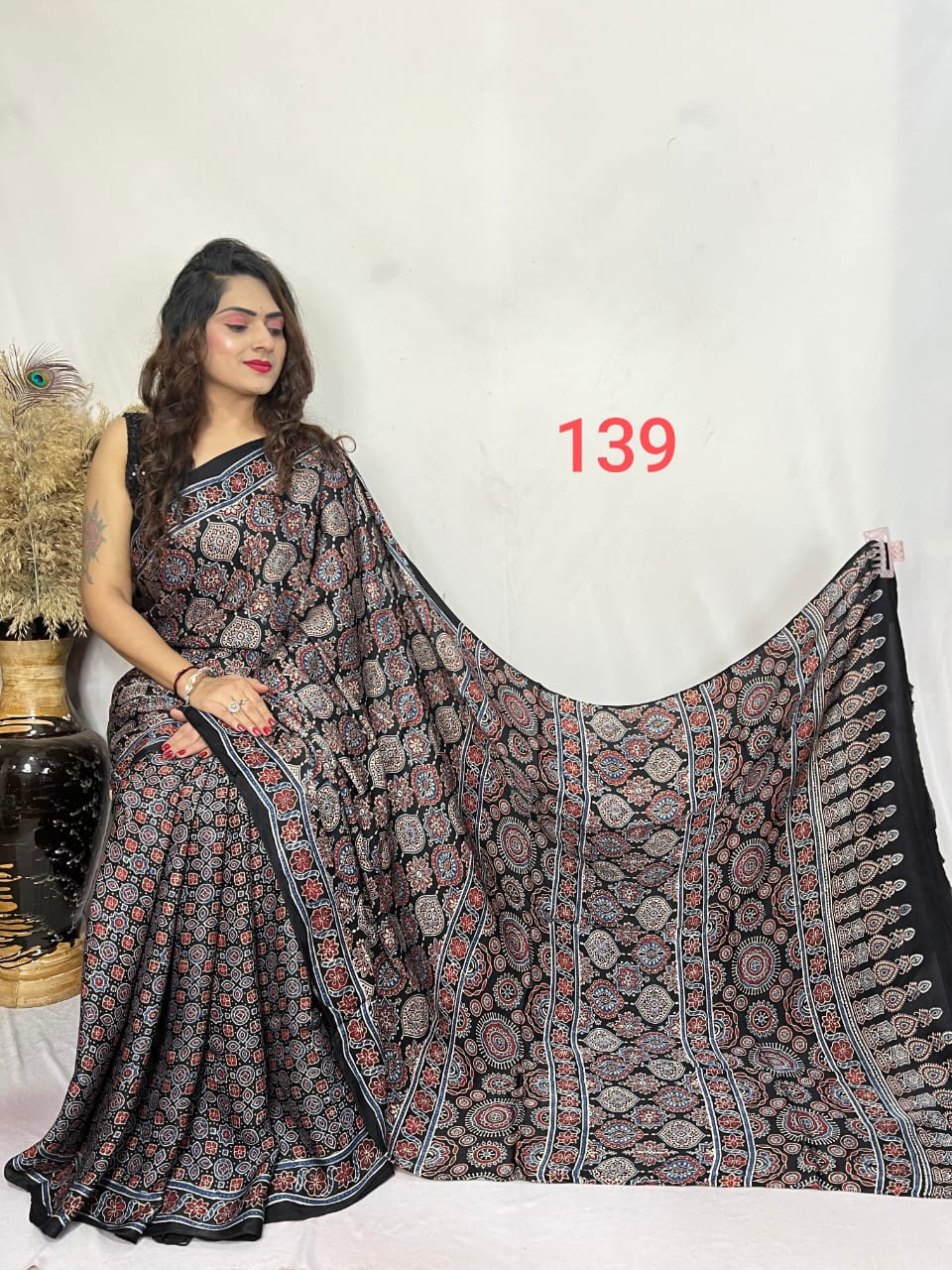 Black, Red, and Blue Ajrakh Hand Block Print Modal Silk Saree.
