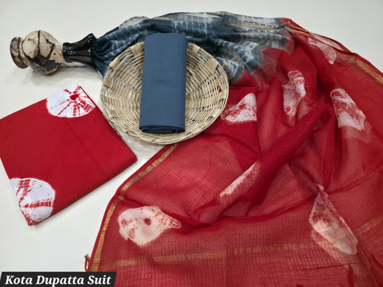 Red and Blue Shibori Tie-Dye Cotton Unstitched Suit Set with Kota Doria Dupatta
