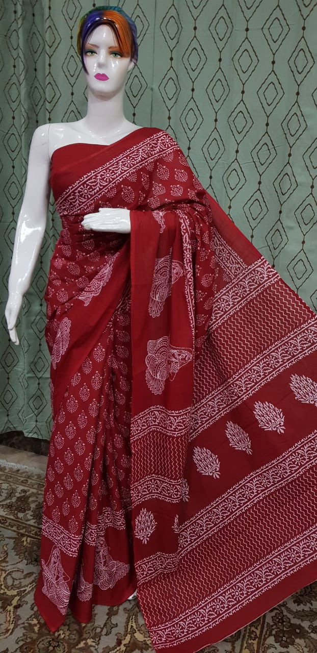 Traditional Crimson Red Cotton Saree with White Block-Printed Floral and Geometric Motifs.