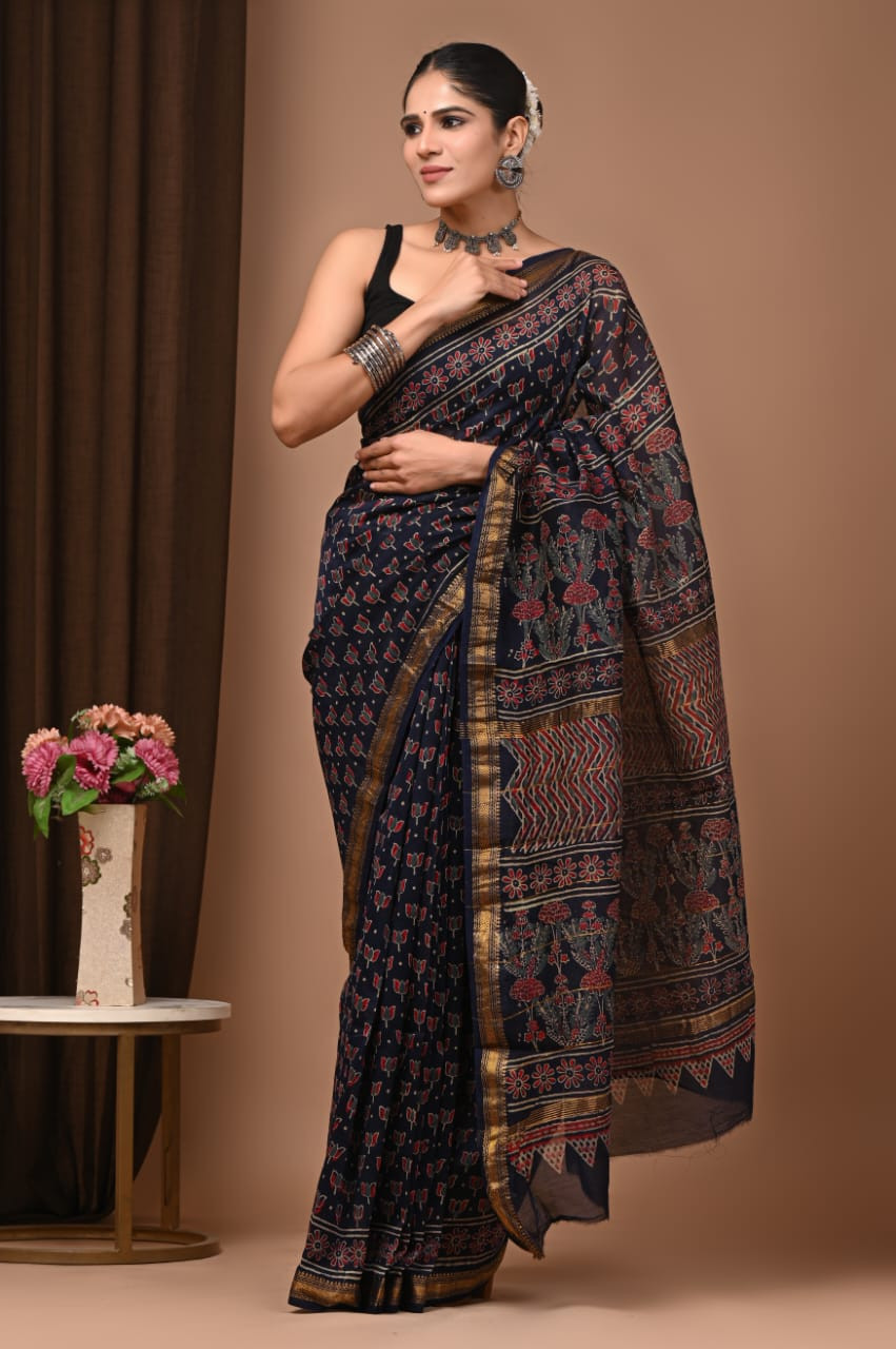 Navy Blue Hand Block Printed Maheshwari Silk Saree