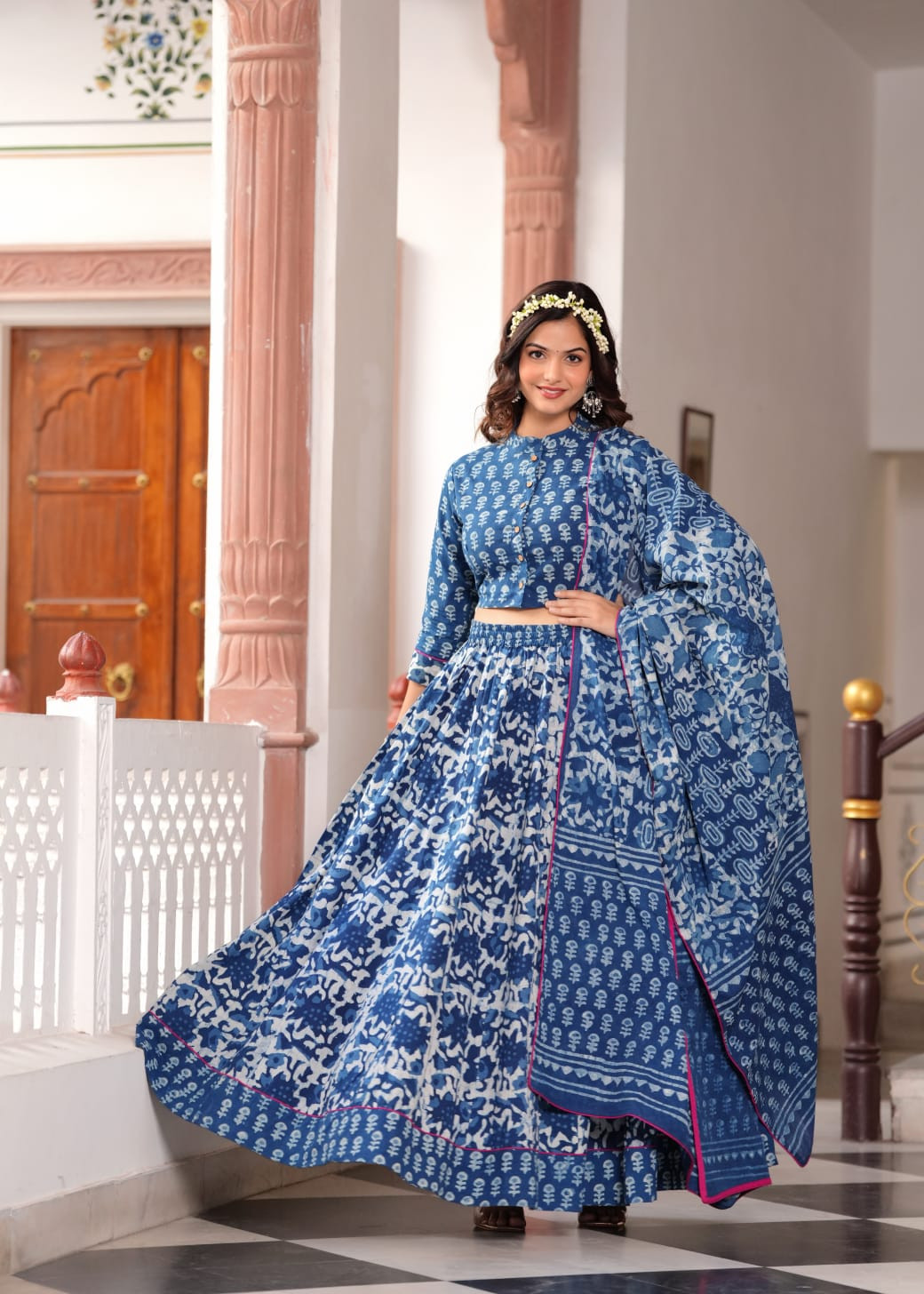 Deep Blue Bagru Printed Cotton Lehenga Choli featuring Traditional Deer and Floral Motifs.