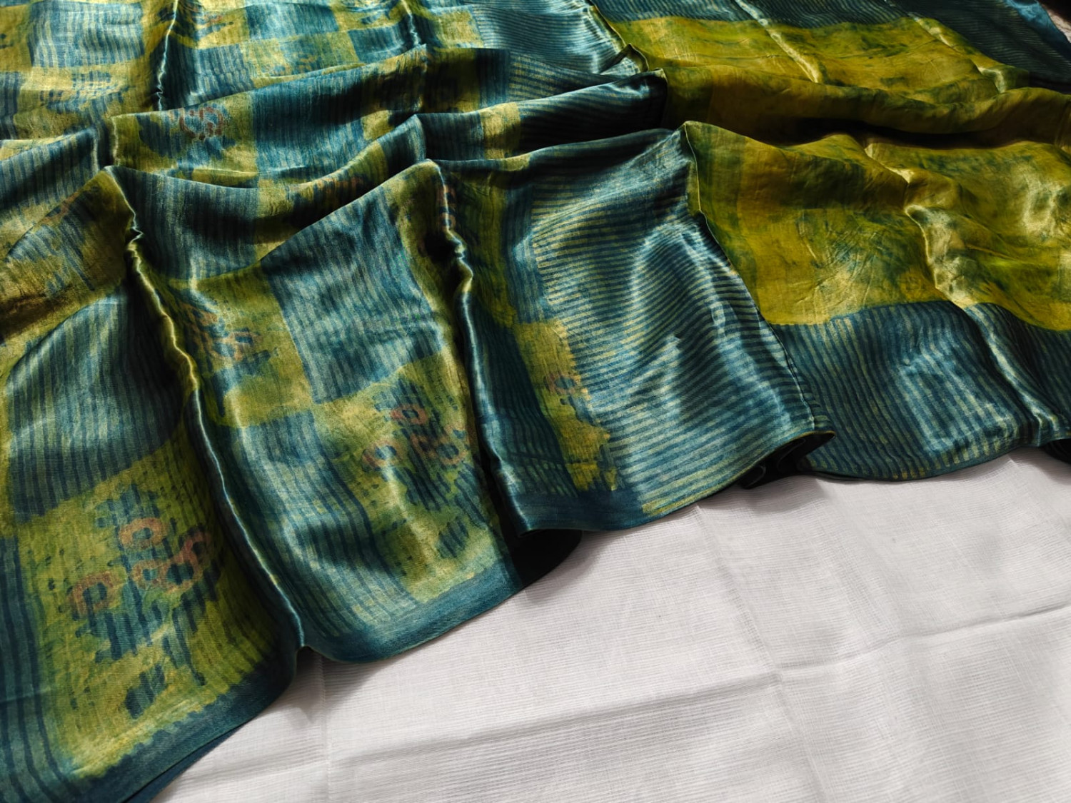 Green, and yellow  hand block print  ajrk vanaspati  pure modal  silk saree