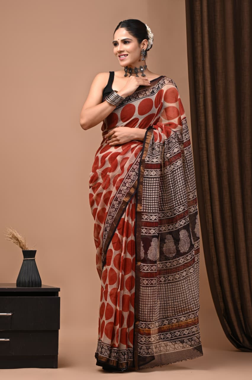 Handmade Bagru/Dabu Hand Block Printed Red & Beige Kota Doria Saree