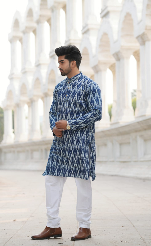 Blue and White Ikat Print Kurta with White Pyjama
